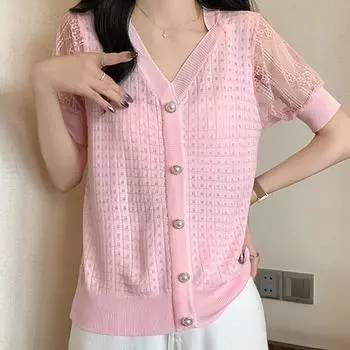 Женские свитера, пуловеры, 2025, лето, короткий рукав, V-образный вырез, черный вязаный свитер с вставками, женские топы, пуловер JJ211 One Size чёрный