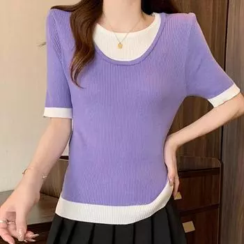 Женские свитера, пуловеры, 2025, лето, короткий рукав, О-образный вырез, черный вязаный свитер с плетением, женские топы, пуловер JJ216 One Size чёрный