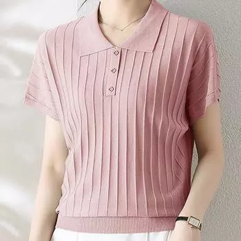 Женские свитера, пуловеры 2025 Лето Короткий рукав Отложной воротник Повседневный вязаный свитер Женские топы Пуловер JJ291 One Size розовый