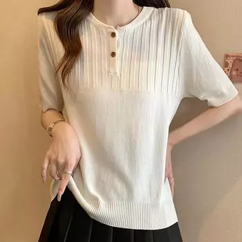 Женские свитера, пуловеры 2025 Лето Короткий рукав О-образный вырез Белый вязаный повседневный свитер Женские топы Пуловер JJ271 One Size белый