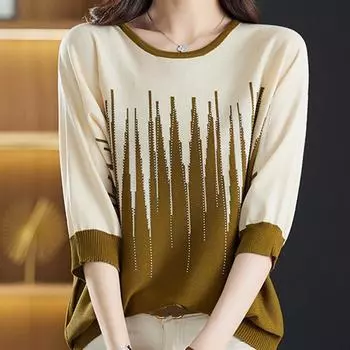 Женские свитера, пуловеры 2025 Лето О-образный вырез Полосатый вязаный свитер Женские топы, пуловер JJ136 One Size розовый