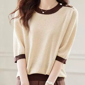 Женские свитера, пуловеры 2025 Лето О-образный вырез Черный вязаный свитер Женские топы, пуловер JJ133 One Size чёрный