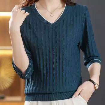 Женские свитера, пуловеры 2025 Лето V-образный вырез Черный вязаный свитер Женские топы, пуловер JJ138 One Size чёрный