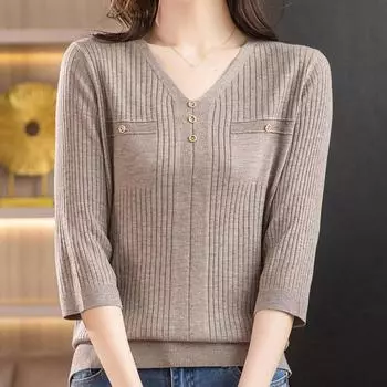 Женские свитера, пуловеры 2025 Лето V-образный вырез Черный вязаный свитер Женские топы, пуловер JJ131 One Size чёрный