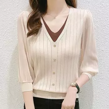 Женские свитера, пуловеры 2025 Лето V-образный вырез Черный вязаный свитер Женские топы, пуловер JJ130 One Size чёрный