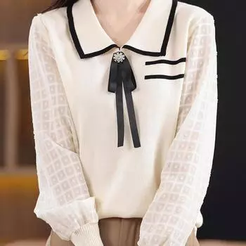 Женские свитера, пуловеры 2025 Осень-Зима Длинный рукав Отложной воротник Черный вязаный свитер Женские топы Пуловер JJ178 One Size чёрный