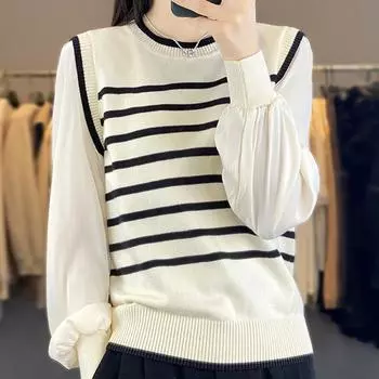 Женские свитера, пуловеры 2025 Осень-Зима Длинный рукав О-образный вырез Полосатый вязаный свитер Женские топы, пуловер JJ189 One Size абрикосовый
