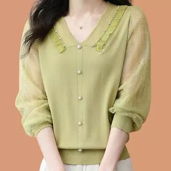 Женские свитера, пуловеры 2025 Осень Зима Длинный рукав V-образный вырез Черный Белый Вязаный свитер Женские топы Пуловер JJ187 One Size чёрный