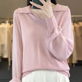 Женские свитера, пуловеры 2025 Осень-Зима Длинный рукав V-образный вырез Бисеровязаный свитер Женские топы Пуловер JJ191 One Size розовый