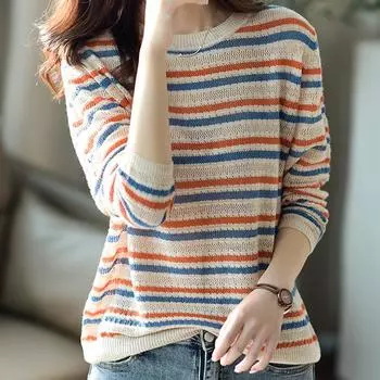 Женские свитера, пуловеры 2025 Осень-Зима Длинный рукав О-образный вырез Полосатый вязаный свитер Женские топы, пуловер JJ172 One Size синий