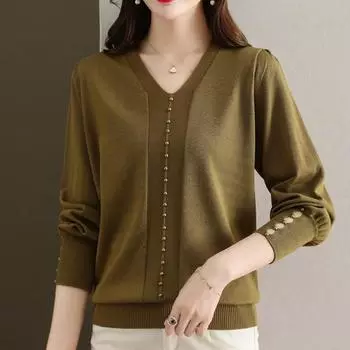 Женские свитера, пуловеры 2025 Осень Зима Длинный рукав V-образный вырез Бисероплетение Вязаный свитер Женские топы Пуловер JJ153 One Size жёлтый