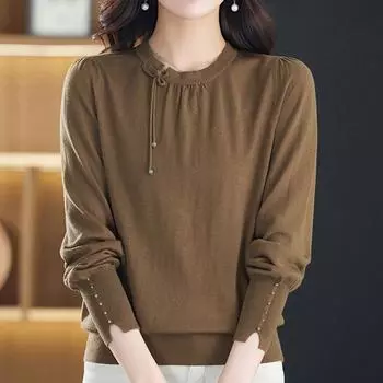 Женские свитера, пуловеры 2025 Осень-Зима Длинный рукав О-образный вырез Черный вязаный свитер Женские топы, пуловер JJ155 One Size бордовый