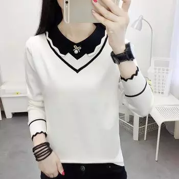 Женские свитера, пуловеры 2025 Осень Зима Длинный рукав Отложной воротник Белый Черный Вязаный свитер Женские топы Пуловер JJ77 One Size чёрный