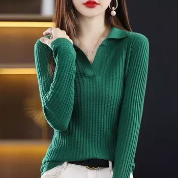 Женские свитера, пуловеры 2025 Осень Зима Длинный рукав Отложной воротник Черный Белый Вязаный свитер Женские топы Пуловер JJ68 One Size чёрный