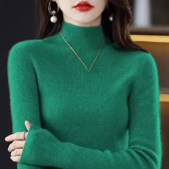 Женские свитера, пуловеры 2025 Осень-Зима Длинный рукав Полувысокий воротник Черный вязаный свитер Женские топы Пуловер JJ71 One Size чёрный