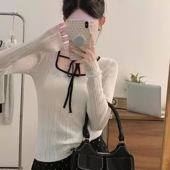 Женские свитера, пуловеры 2025 Осень-Зима Длинный рукав Квадратный воротник Черный вязаный свитер Женские топы, пуловер JJ91 one size чёрный