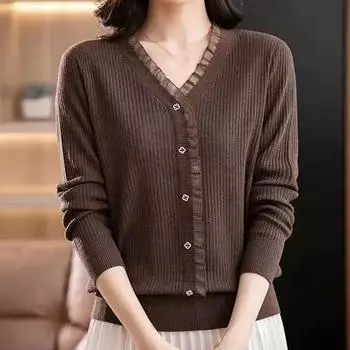 Женские свитера, пуловеры 2025 Осень Зима Длинный рукав V-образный вырез Черный вязаный свитер Женские топы, пуловер JJ79 One Size зелёный