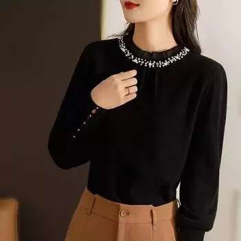Женские свитера, пуловеры 2025, осень-зима, длинный рукав, круглый вырез, черный бисер, вязаный свитер, женские топы, пуловер JJ82 One Size чёрный