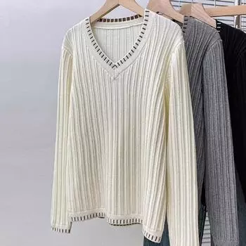 Женские свитера, пуловеры 2025 Осень Зима Длинный рукав V-образный вырез Черный Белый Вязаный свитер Женские топы Пуловер JJ96 One Size белый