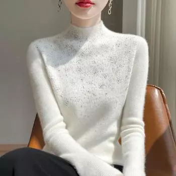Женские свитера, пуловеры 2025, осень-зима, длинный рукав, полувысокий воротник, черный, белый, вязаный свитер, женские топы, пуловер JJ94 One Size бежевый
