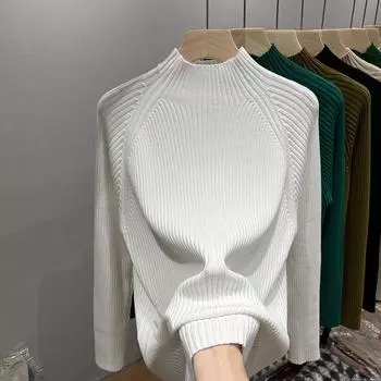 Женские свитера, пуловеры 2025, осень-зима, длинный рукав, полувысокий воротник, белый, черный, тонкий вязаный свитер, женские топы, пуловер JJ81 One Size зелёный