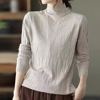 Женские свитера, пуловеры 2025 Осень-Зима Длинный рукав Полувысокий воротник Черный вязаный свитер Женские топы Пуловер JJ72 One Size чёрный