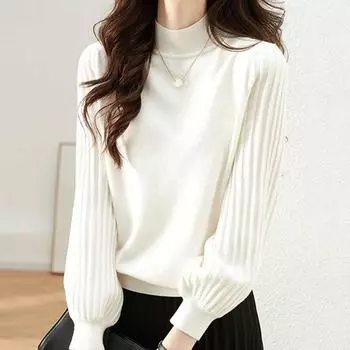 Женские свитера, пуловеры 2025, осень-зима, длинный рукав, полувысокий воротник, черный, белый, вязаный свитер, женские топы, пуловер JJ73 One Size белый