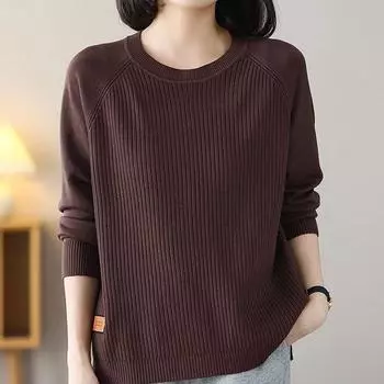 Женские свитера, пуловеры 2025 Осень-Зима Длинный рукав О-образный вырез Черный вязаный свитер Женские топы Пуловер JJ83 One size чёрный