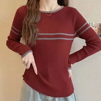 Женские свитера, пуловеры 2025 Осень-Зима, длинный рукав, круглый вырез, повседневный вязаный свитер, женские топы, пуловер JJ92 One Size бордовый