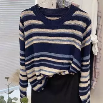 Женские свитера, пуловеры 2025 Осень-Зима Длинный рукав О-образный вырез Полосатый вязаный свитер Женские топы, пуловер JJ89 One Size