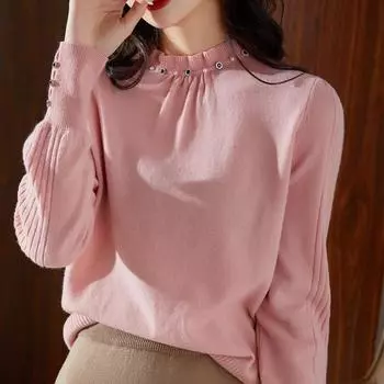 Женские свитера, пуловеры 2025 Осень-Зима Длинный рукав О-образный вырез Черный вязаный свитер Женские топы, пуловер JJ108 One Size чёрный