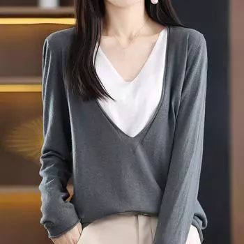 Женские свитера, пуловеры 2025 Осень Зима Длинный рукав V-образный вырез Черный вязаный свитер Женские топы, пуловер JJ107 One Size армия зеленый