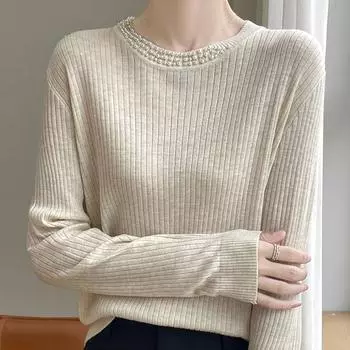 Женские свитера, пуловеры 2025, осень-зима, длинный рукав, круглый вырез, бисер, черный вязаный свитер, женские топы, пуловер JJ104 One Size розовый