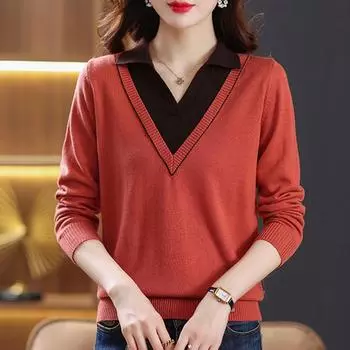 Женские свитера, пуловеры 2025, осень-зима, длинный рукав, отложной воротник, повседневный вязаный свитер, женские топы, пуловер JJ106 One Size красный