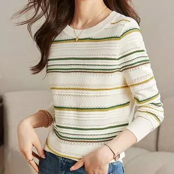 Женские свитера, пуловеры 2025 Осень-Зима Длинный рукав О-образный вырез Полосатый вязаный свитер Женские топы Пуловер JJ112 One Size