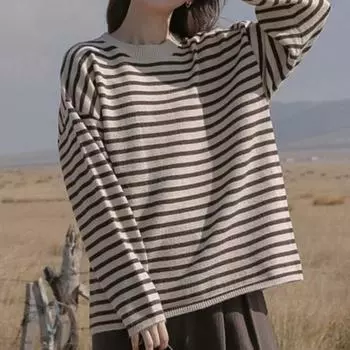 Женские свитера, пуловеры 2025 Осень-Зима Длинный рукав О-образный вырез Черный полосатый вязаный свитер Женские топы, пуловер JJ114 One Size чёрный