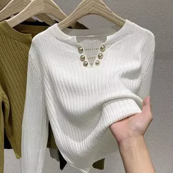 Женские свитера, пуловеры 2025 Осень-Зима Длинный рукав О-образный вырез Черный вязаный свитер Женские топы Пуловер JJ98 One Size чёрный