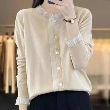 Женские свитера, пуловеры 2025 Осень-Зима Длинный рукав О-образный вырез Черный вязаный свитер Женские топы Пуловер JJ121 One Size чёрный