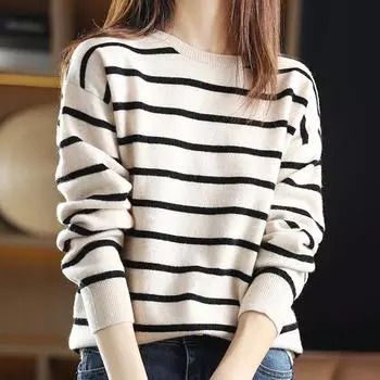 Женские свитера, пуловеры 2025 Осень-Зима Длинный рукав О-образный вырез Полосатый вязаный свитер Женские топы Пуловер JJ119 One Size