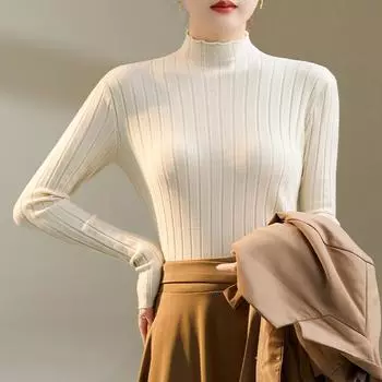 Женские свитера, пуловеры 2025, осень-зима, длинный рукав, полувысокий воротник, черный, белый, тонкий вязаный свитер, женские топы, пуловер JJ80 One Size лорел зеленый