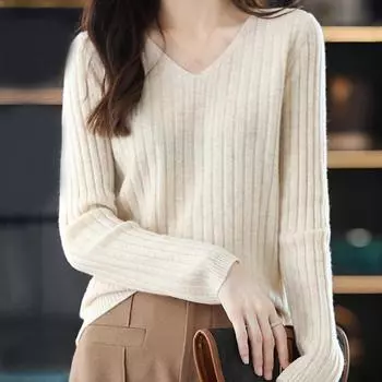 Женские свитера, пуловеры 2025 Осень-Зима Длинный рукав V-образный вырез Черный вязаный свитер Женские топы, пуловер JJ122 One Size синий