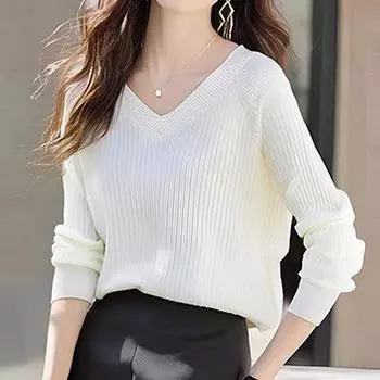 Женские свитера, пуловеры 2025 Осень Зима Длинный рукав V-образный вырез Черный Белый Вязаный свитер Женские топы Пуловер JJ64 One Size чёрный