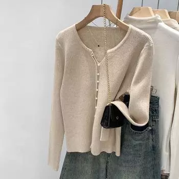 Женские свитера, пуловеры 2025 Осень-Зима Длинный рукав V-образный вырез Черный вязаный свитер Женские топы, пуловер JJ93 One Size абрикосовый