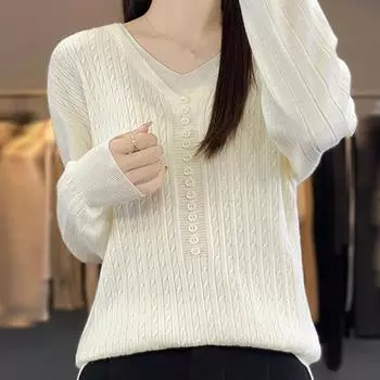 Женские свитера, пуловеры 2025 Осень-Зима Длинный рукав V-образный вырез Черный вязаный свитер Женские топы, пуловер JJ137 One Size чёрный