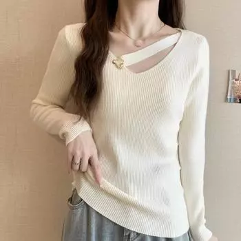 Женские свитера, пуловеры 2025 Осень Зима Длинный рукав V-образный вырез Белый Черный вязаный свитер Женские топы Пуловер JJ75 One Size белый