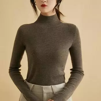 Женские свитера, пуловеры 2025 Осень-Зима Длинный рукав Полувысокий воротник Черный вязаный свитер Женские топы Пуловер JJ126 One Size чёрный