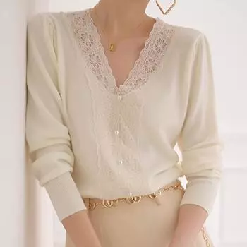 Женские свитера, пуловеры 2025 Осень Зима Длинный рукав V-образный вырез Черный Белый Вязаный свитер Женские топы Пуловер JJ120 One Size чёрный