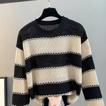 Женские свитера, пуловеры 2025 Осень-Зима Длинный рукав О-образный вырез Черный полосатый вязаный свитер Женские топы, пуловер JJ74 One Size чёрный