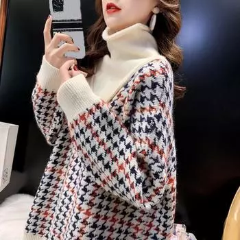 Женские свитера, пуловеры в клетку, осень 2022, осенне-зимние топы, корейские тонкие женские пуловеры, вязаный свитер, джемпер, мягкий теплый тянущийся