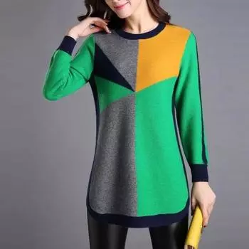 Женские свитера с геометрическим рисунком, пуловеры контрастных цветов, осенне-зимняя одежда, асимметричные вязаные джемперы миди XL красный